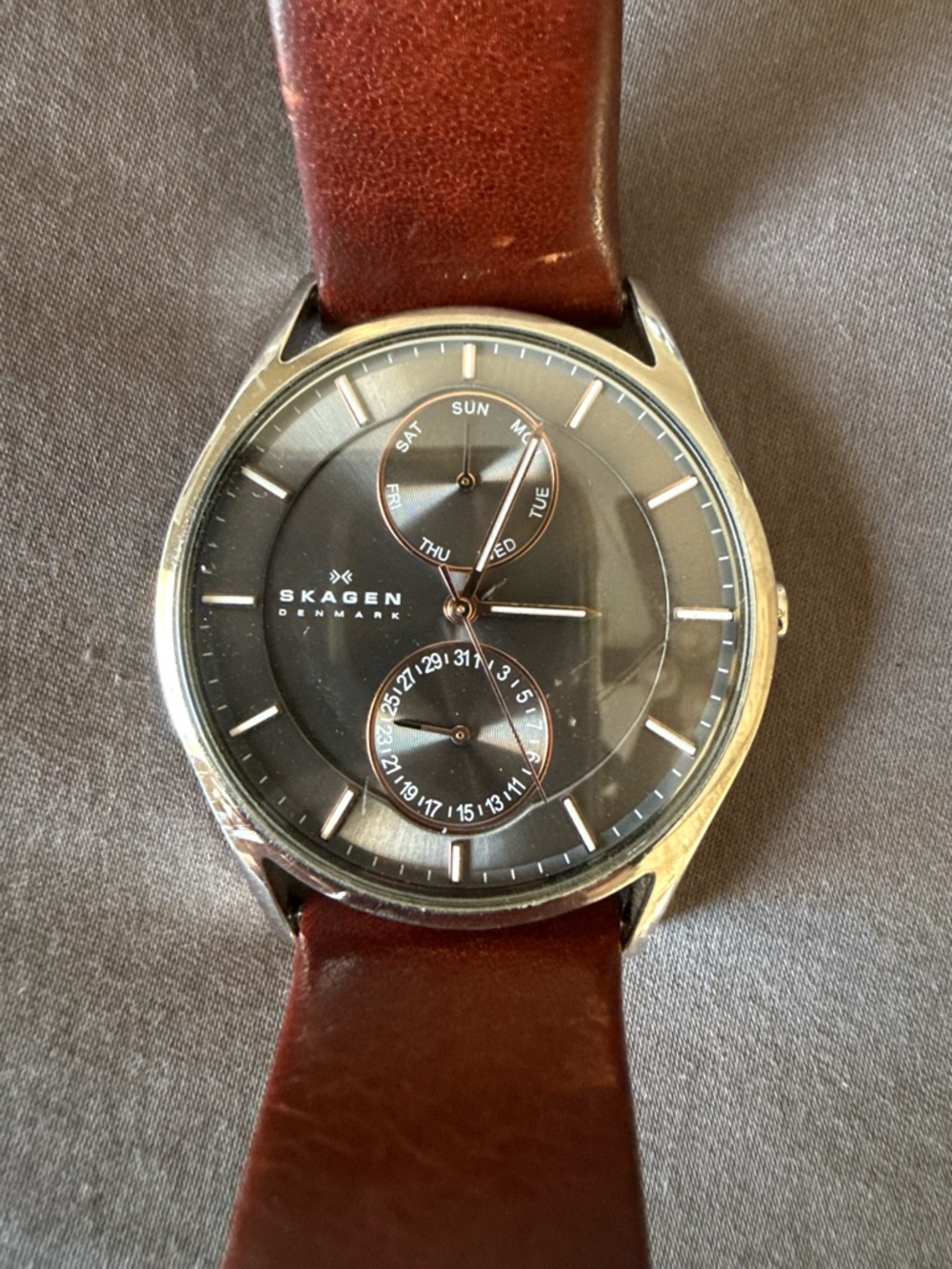 Skagen Black Dial Watch with Brown Leather Strap